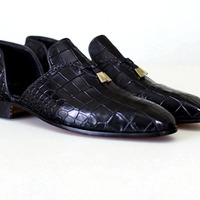 Crafted Leather Classic Black Crocodile Leather Tassel Loafers Dress Shoes - Thumbnail 1