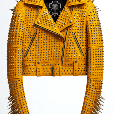 Crafted leather classic new women's punk rock full yellow spiked studded brando rusty leather jacket  - Thumbnail 2