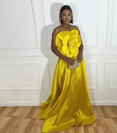 Pretty Gold Formal Satin Long Party Gowns With 3D Flower Details Bloom African Women Maxi Dress Floor Length Lace up Gala Dress