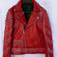 Crafted Leather New Women Punk Red Silver Long Spiked Studded Brando Biker Leather Jacket - Thumbnail 1