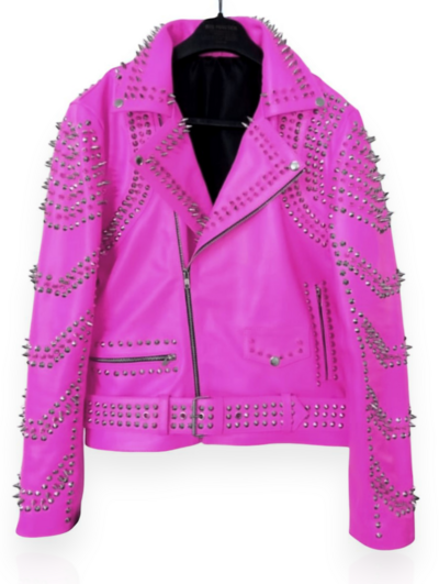 Crafted Leather New Women Punk Pink Silver Long Spiked Studded Brando Biker Leather Jacket