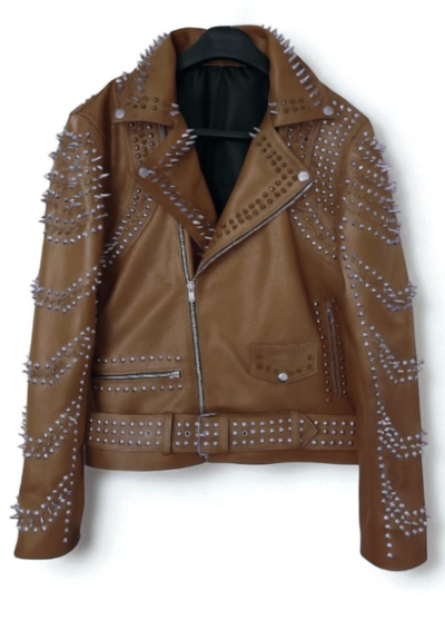 Crafted Leather New Women Punk Brown Silver Long Spiked Studded Brando Biker Leather Jacket