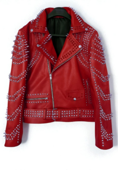 Crafted Leather New Women Punk Red Silver Long Spiked Studded Brando Biker Leather Jacket