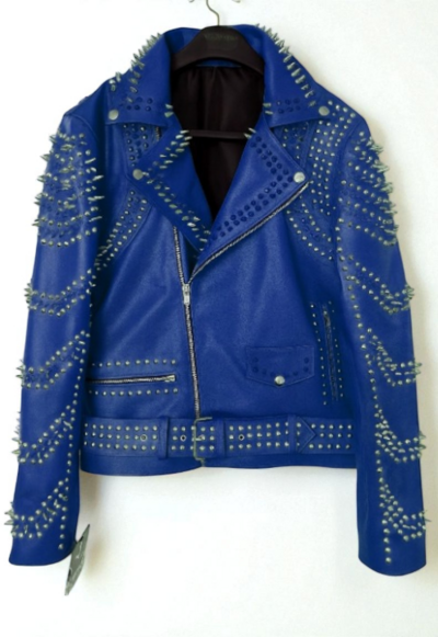 Crafted Leather New Women Punk Blue Silver Long Spiked Studded Brando Biker Leather Jacket