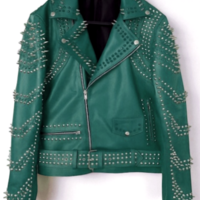 Crafted Leather New Women Silver Spiked Studded Brando Biker Leather Jacket - Thumbnail 1