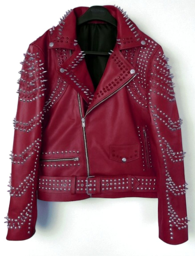 Crafted Leather New Women Punk Burgundy Silver Long Spiked Studded Brando Biker Leather Jacket