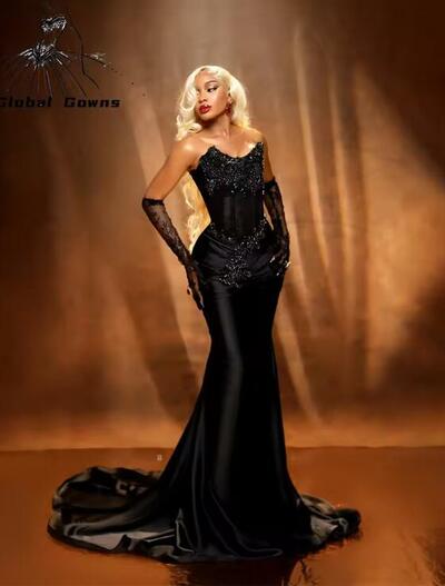 Black Strapless Appliques Long Prom Dresses For Black Girls Beaded Crystal 2025 Birthday Luxury Dress With Glove Customized