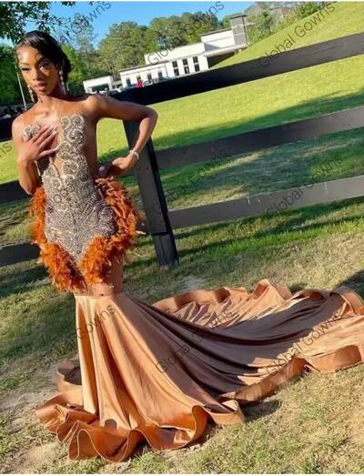 Brown Ostrich Feather Long Prom Dress for Black Girl Luxury Silver Bead Crystal Diamond African Birthday Party Gown Customized