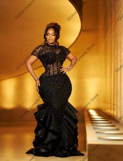 Sparkly Black Ruffles Aso Ebi Evening Dresses Bead Crystal Birthday Luxury Dress O Neck Mermaid Party Gown Customized