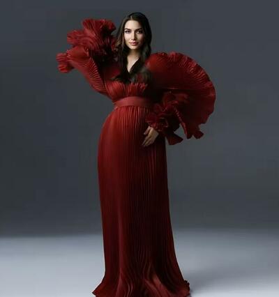 V Neck Pleated Organza Maternity Dresses for Photoshoot Long Dress for Maternity Shoot Baby Shower Dresses