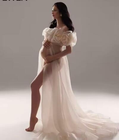 Handmade 3D Flower Pregnancy Photoshoot Dress Gala Organza Sheer Baby Shower Dress for Pregnant Woman Wedding Dresses