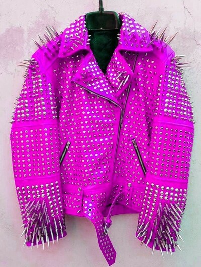 Crafted Leather Classy Pink Gothic Emo Style Leather Studded Jacket with Silver Studs and Spikes