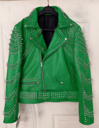 Crafted Leather New Women Punk Green Silver Long Spiked Studded Brando Biker Leather Jacket