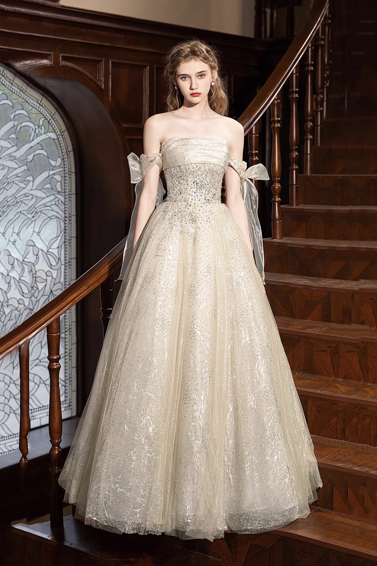 Champagne Tulle Beads Long A-line Prom Party Dress