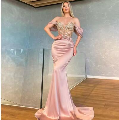 Beading Crystal Satin Mermaid Prom Dresses Off the Shoulder Evening Gown Dubai Women Pleats Formal Party Gown