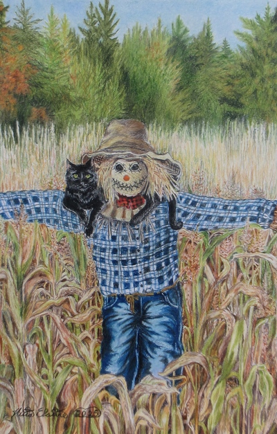 Scarecrow And Scaredy Cat, Original colored pencil artwork, By N.E.Thompson, size 11x17 inches