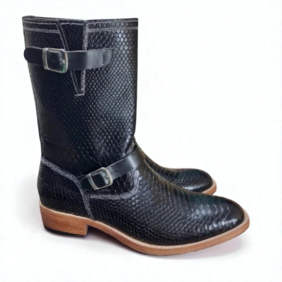 Crafted Leather Classic Men Black Python Leather Buckle Strap Cowboy Boot