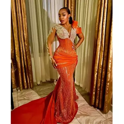 Plus Size Orange Formal Dress: Beaded Lace Long Sleeve African Prom Gown - Elegant Afrcian Women's Birthday Party Dress