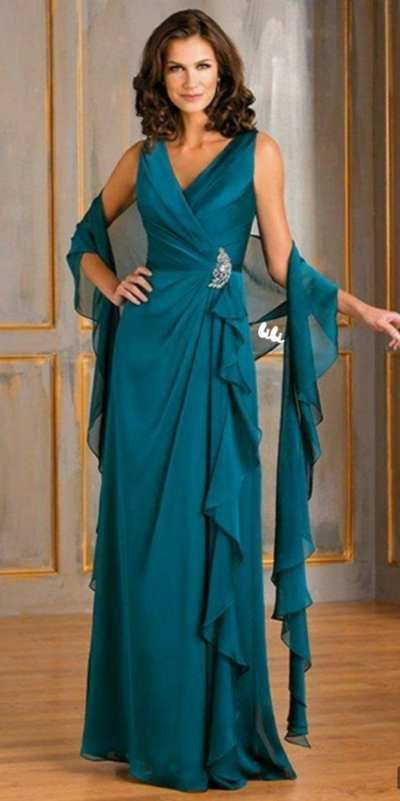 V Neck Blue Chiffon Mother of Bride Dress Evening Formal Dress