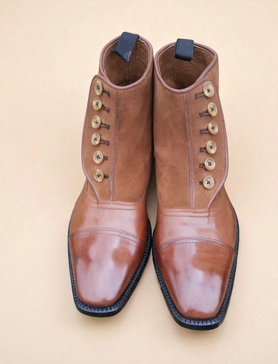 Crafted Leather Classic Men Genuine Brown / Suede Leather Ankle High Button Dress Boot