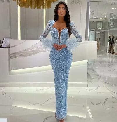 Light Blue Pearls Evening Dress Luxury Mermaid Beaded Lace Long Sleeves with Feather Ankle Length Cocktail Party Gown Prom