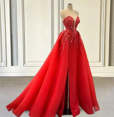 Red Long Prom Dresses Ball Gown Luxury Sparkly Sequin Beaded Detachable Train Women Formal Evening Gowns for Wedding Party