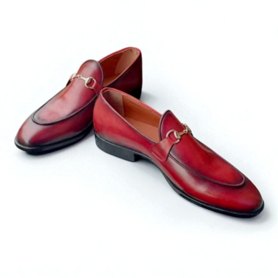 Crafted leather classic men red leather moccasin horsebit loafers dress shoes - Thumbnail 3