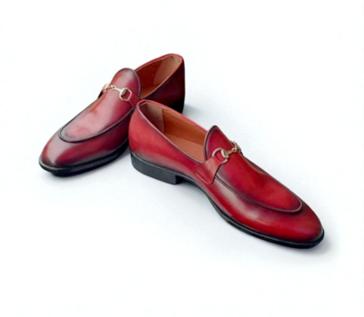 Crafted Leather Classic Men Red Leather Moccasin Horsebit Loafers Dress Shoes