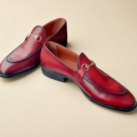 Crafted Leather Classic Men Red Leather Moccasin Horsebit Loafers Dress Shoes - Thumbnail 1