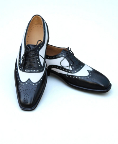 Crafted Leather Classic Black White Leather Wingtip Oxford Dress Shoes