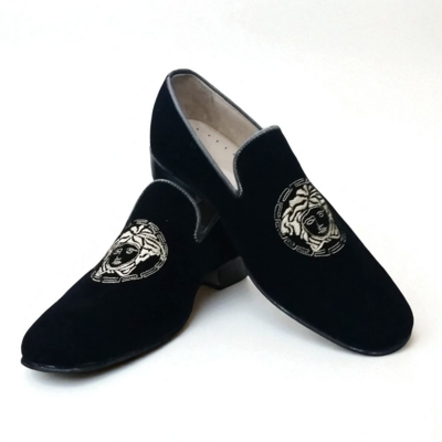 Crafted leather handmade men black velvet loafers dress shoes - Thumbnail 2