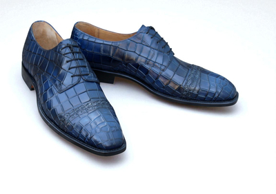 Crafted Leather Handmade Mens Blue Crocodile/Alligator Dress Shoes