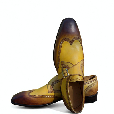 Crafted leather tan brown single monk strap wingtip dress shoes - Thumbnail 1