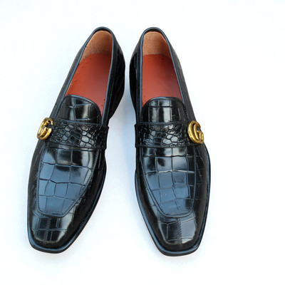 Crafted leather classic handmade black crocodile/alligator loafers dress shoes - Thumbnail 1