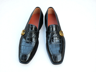 Crafted Leather Classic Handmade Black Crocodile/Alligator Loafers Dress Shoes