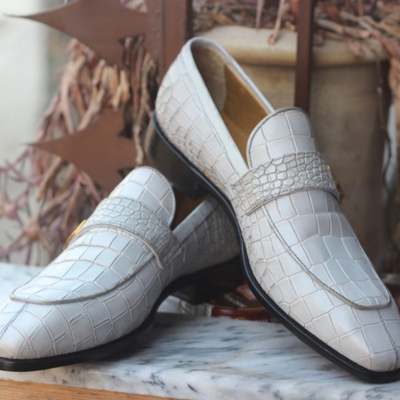 Crafted leather handmade men white crocodile leather moccasin dress loafers shoes - Thumbnail 2