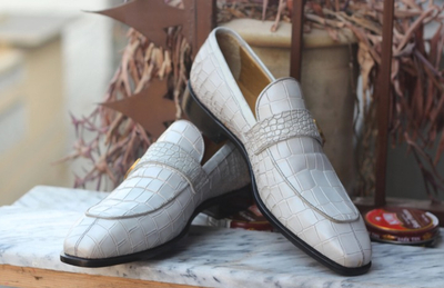Crafted Leather Handmade Men White Crocodile Leather Moccasin Dress Loafers Shoes