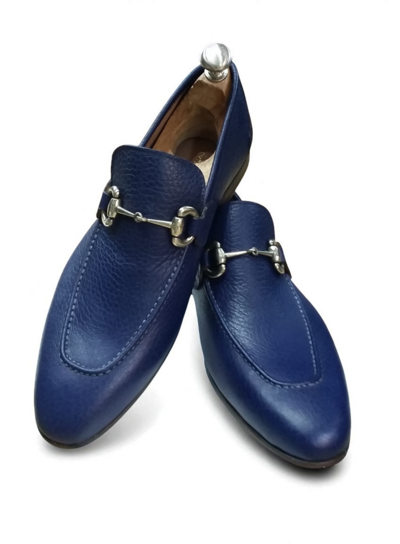Crafted Leather Handmade Men Blue Leather Moccasin Loafers Dress Shoes