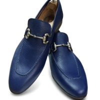 Crafted Leather Handmade Men Blue Leather Moccasin Loafers Dress Shoes - Thumbnail 1
