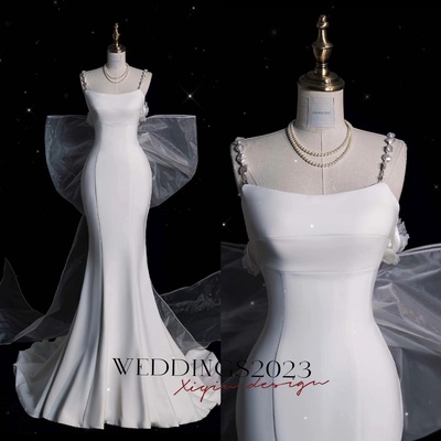 Luxury Elegant Ivory Mermaid Satin Wedding Dress - Satin Spaghetti Straps Fitted Wedding Dress - Satin Bridal Gown with Removable Bow