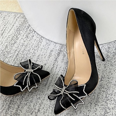 12cm black satin bow rhinestone high heels