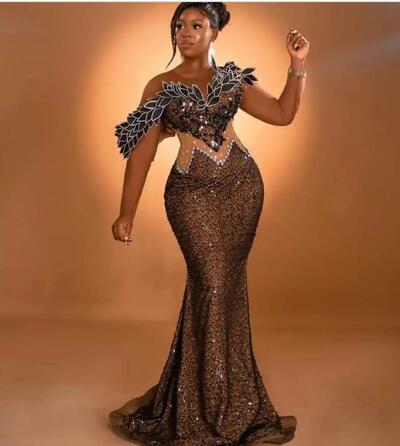 Mermaid Dress: Brown Beaded Evening Gown - Sexy Formal Party, Reception, Engagement