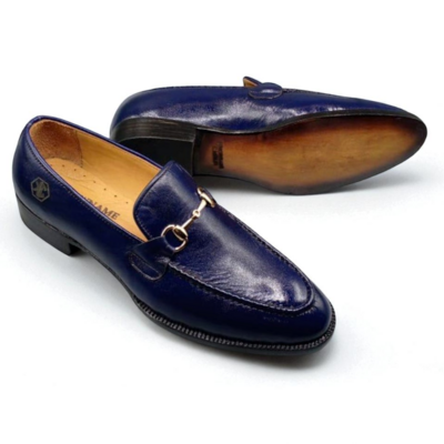 Crafted leather handmade men blue leather moccasin loafers dress shoes - Thumbnail 2
