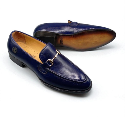Crafted Leather Handmade Men Blue Leather Moccasin Loafers Dress Shoes