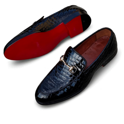 Crafted leather classic handmade black crocodile/alligator moccasin loafers dress shoes - Thumbnail 1