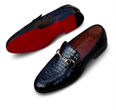 Crafted Leather Classic Handmade Black Crocodile/Alligator Moccasin Loafers Dress Shoes