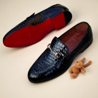 Crafted Leather Classic Handmade Black Crocodile/Alligator Moccasin Loafers Dress Shoes - Thumbnail 1