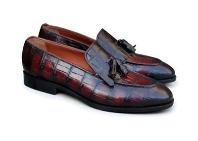Crafted Leather Classic Handmade Burgundy Patina Crocodile Tassel Loafers Dress Shoes