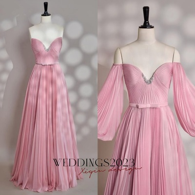 Beautiful Pink Strapless U-neck Beaded Long Dress with Beading and Detachable Sleeves