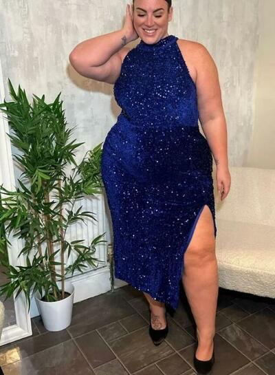 Halter Long Sequin Blue Slit Dress Plus Size Mother of Bride/Groom Dress Evening Formal Gown